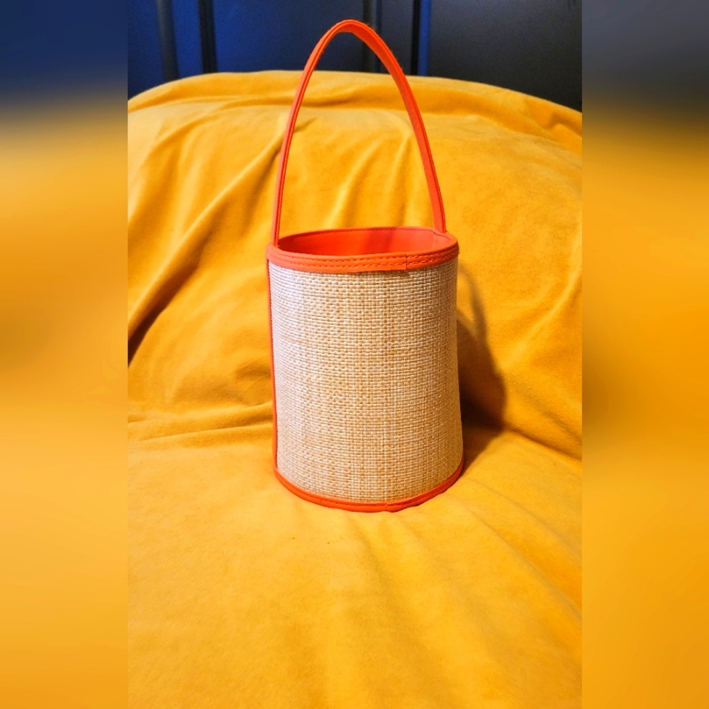 Neiman Marcus Summer Beauty Woven Cylinder Tote Bag Orange, New Condition